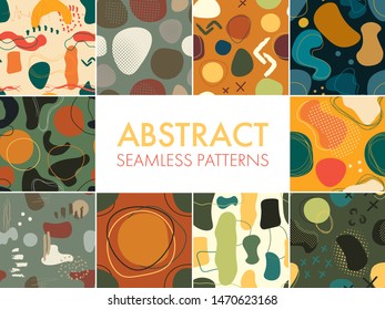 Set of Ten abstract trendy seamless pattern of geometric shapes and elements. Colorful modern seamless pattern