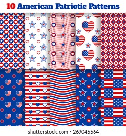 Set of ten American seamless patterns with stars, strips, flags and hearts
