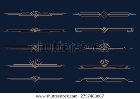 Set of ten art deco borders with thin geometric ornamental lines on dark blue background. Vintage luxury design and decorative templates