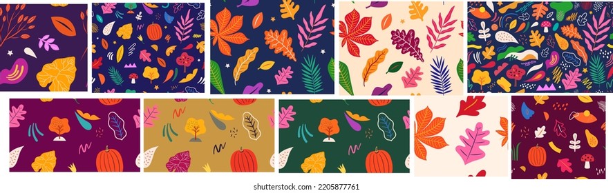 Set of ten autumn seamless patterns with leaves and doodles. 
