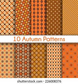 Set of ten autumn vector seamless patterns. Endless texture can be used for web design, printing onto fabric and paper or scrapbooking. White, yellow and orange colors. Swatches included