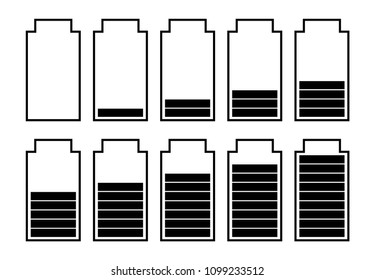A set of ten batteries with different charge indicators. Vector illustration
