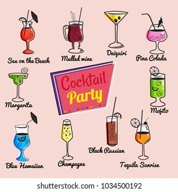 Set of ten beautiful illustration of some of the most famous Cocktails and Drink from all around the world, icon, vector illustration