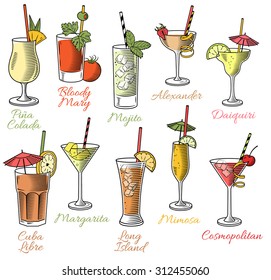 Set of ten beautiful illustration of some of the most famous Cocktails and Drink from all around the world