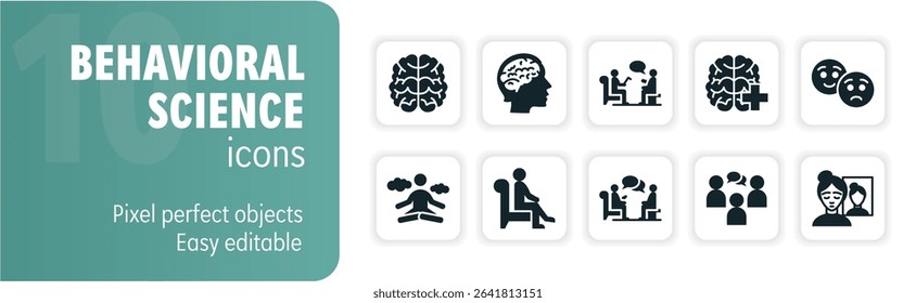 Set of ten behavioral science icons depicting patients consulting psychologists, group therapy sessions and concepts of psychology
