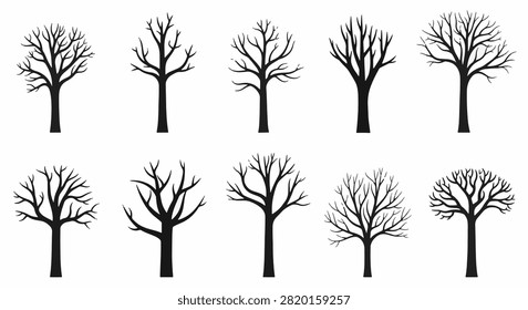 Set of ten black dead tree silhouettes with bare branches isolated on white background. Minimalist leafless tree outlines suitable for winter landscape or spooky forest design.