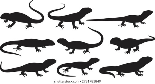 Eine Reihe von zehn schwarzen Dinosaurier-Silhouetten, die verschiedene Arten und Posen auf weißem Hintergrund zeigen