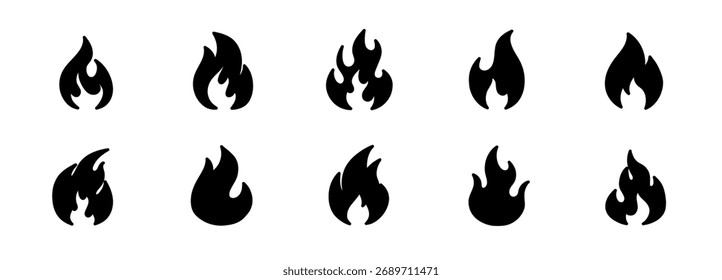 Conjunto de diez diseños de iconos de llama negra en varios estilos, ideal para proyectos creativos e ilustraciones.
