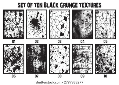 Set of Ten Black Grunge Textures and Distressed Abstract Background Elements