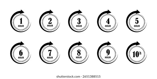 A set of ten black icons representing time durations from one to ten hours. Each icon features a number and the word 'hour' or 'h' within a circular frame with a progress arrow.