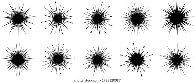 Un conjunto de diez patrones de salpicaduras de tinta negra sobre un fondo blanco, que varían en tamaño y forma.