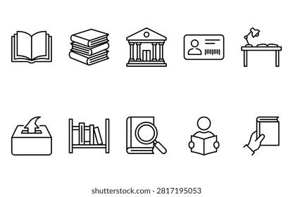 Set of ten black line icons representing library and education concepts including books and research tools isolated on transparent background