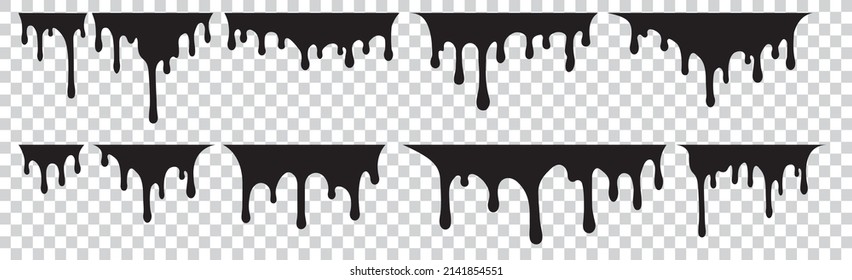 Set of  ten black melt, drips or liquid paint drops. Vector illustration for your design.	