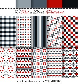 Set of ten black and red seamless vector patterns. Endless texture can be used for web design, printing onto fabric and paper or scrapbooking. Swatches included