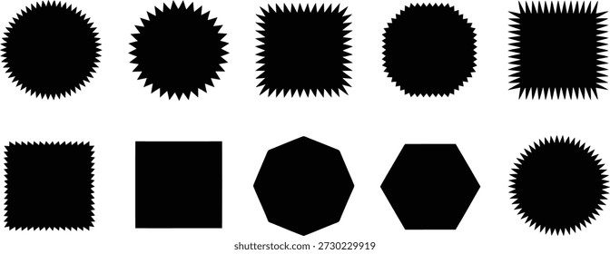 A set of ten black silhouetted geometric shapes featuring distinct spiky, jagged edges, displayed on a crisp white backdrop.