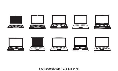 Set of ten black and white laptop computer icons featuring various screen designs and keyboard layouts for modern digital interface and software application user web development