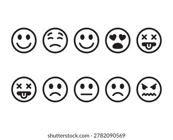 Set of ten black and white outline emoticon showing various facial expressions