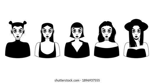 Set of ten black and white portraits with different hair and details. Beautiful female character. Cartoon. Vector illustration design for your project and business.