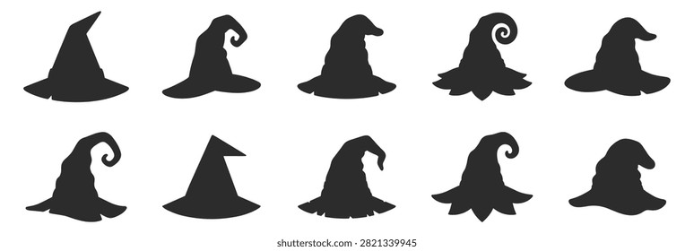 set of ten black witch hat silhouettes vector illustration on transparent background