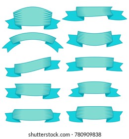 Set of ten blue ribbons and banners for web design. Great design element isolated on white background. Vector illustration.