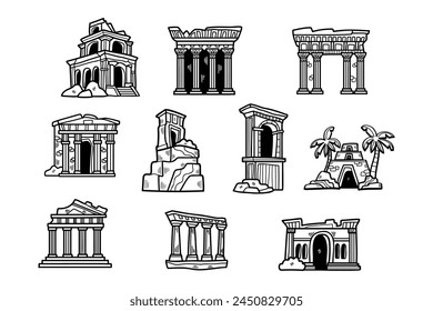 A set of ten buildings with a variety of styles, including a temple, a palace, and a palace