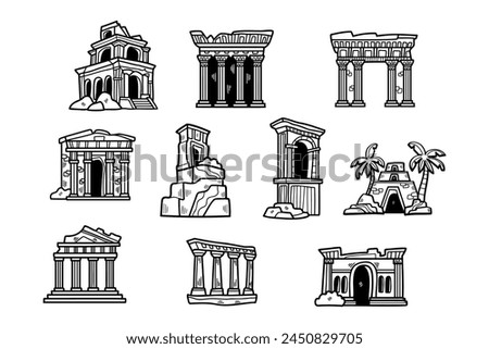 A set of ten buildings with a variety of styles, including a temple, a palace, and a palace
