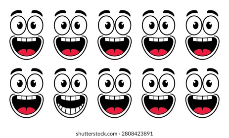 Set of ten cartoon faces with wide open eyes and happy expressions on a white background