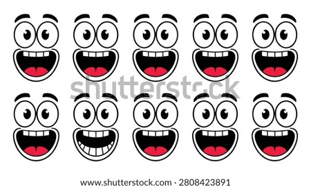 Set of ten cartoon faces with wide open eyes and happy expressions on a white background