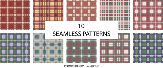 Set of  ten check plaid texture seamless patterns