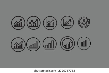 Un conjunto de diez iconos de líneas circulares que muestran gráficos de barras y gráficos de líneas con flechas que indican un crecimiento financiero y un rendimiento positivos.
