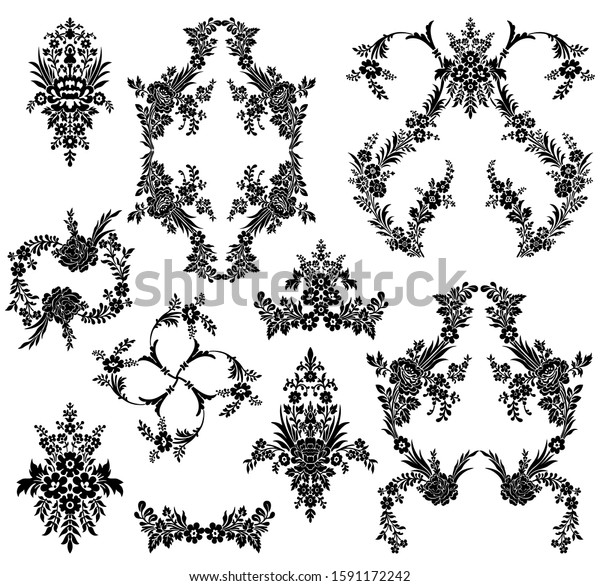 Set of ten classic antique baroque, rococo\
style floral decorative motifs and elements. Graphic drawing, black\
and white colors. Roses, leaves, bouquets, garlands. Collection of\
vector boho ornaments.