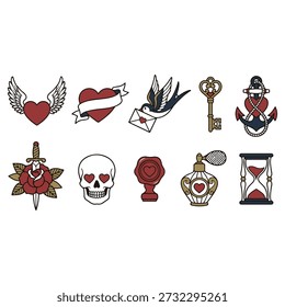 Set of ten classic romantic and time related symbols depicted with a traditional tattoo aesthetic, featuring dark red, blue, and gold colors on a clean white background