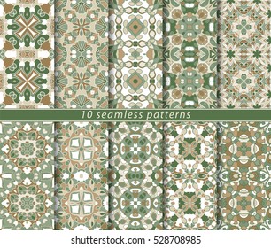 Set of ten classic seamless patterns in shades of green and beige. Decorative and design elements for textile, book covers, manufacturing, wallpapers, print, gift wrap.