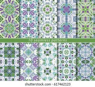 Set of ten classic seamless patterns in shades of blue and green. Decorative and design elements for textile, book covers, manufacturing, wallpapers, print, gift wrap.
