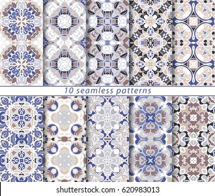 Set of ten classic seamless patterns in shades of blue, brown and white. Decorative and design elements for textile, manufacturing, wallpapers, gift wrap.