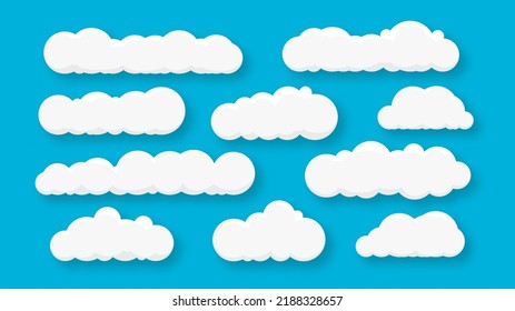 Set of ten clouds. Clouds on a blue background. Blue sky with clouds with shadow. Vector illustration