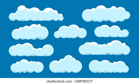 Set of ten clouds. Clouds on a blue background. Blue sky with clouds. Vector illustration