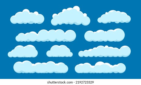 Set of ten clouds. Clouds on a blue background. Blue sky with clouds. Vector illustration