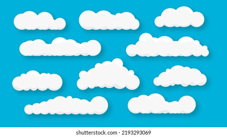 Satz von zehn Wolken. Wolken auf blauem Hintergrund. Blauer Himmel mit Wolken mit Schatten. Vektorgrafik