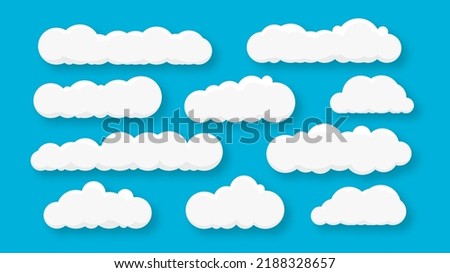 Set of ten clouds. Clouds on a blue background. Blue sky with clouds with shadow. Vector illustration