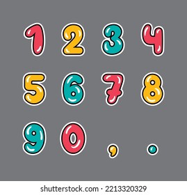 a set of ten colored figures, point and comma 
with a black outline on a gray background, vector
