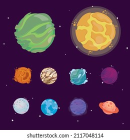 set of ten colored planets