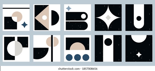 Set of ten colorful aesthetic geometric backgrounds. Minimalistic square icons for social media, stories, web design, home decor. Vintage illustrations with different shapes, circles, semicircles.