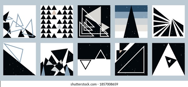 Set of ten colorful aesthetic geometric backgrounds. Minimalistic square icons for social media, stories, web design, home decor. Vintage illustrations with different shapes, triangles, rectangles.