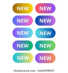 Um conjunto de dez botões coloridos que exibem a palavra "NEW" com preenchimentos de gradiente suaves. Ideal para realçar novos itens ou recursos