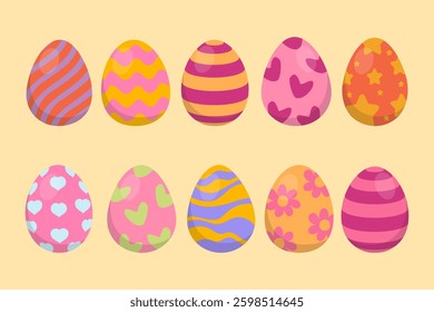 Set of ten colorful Easter eggs with various patterns, including stripes, stars, hearts, waves, and flowers. Perfect for festive decorations, greeting cards, and digital artwork.