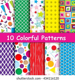 Set of ten colorful geometric patterns collection. can be used for pattern fill surface, web page background, Wrapping paper. Pattern swatches included in file.