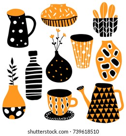 Set of ten colorful hand drawn flower pots and vases. Doodle illustration. Set of cute scandinavian style elements. Interior, home decor. Vector. Isolated