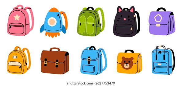 Set of ten colorful kids backpacks in flat style including animal faces, rocket, school bags, and playful designs on white background