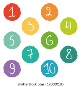 Set of ten colorful number tags with ragged edges. Rainbow colored circles with numbers from 1 to 10.